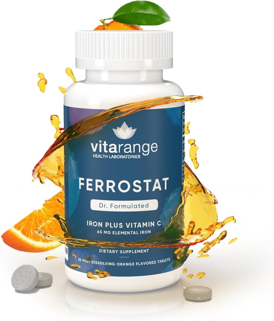 65mg Fer à croquer avec vitamine C pour les patients bariatriques – 30 jours de Fer bariatrique avec vitamine C – Fer doux non constipant - orange