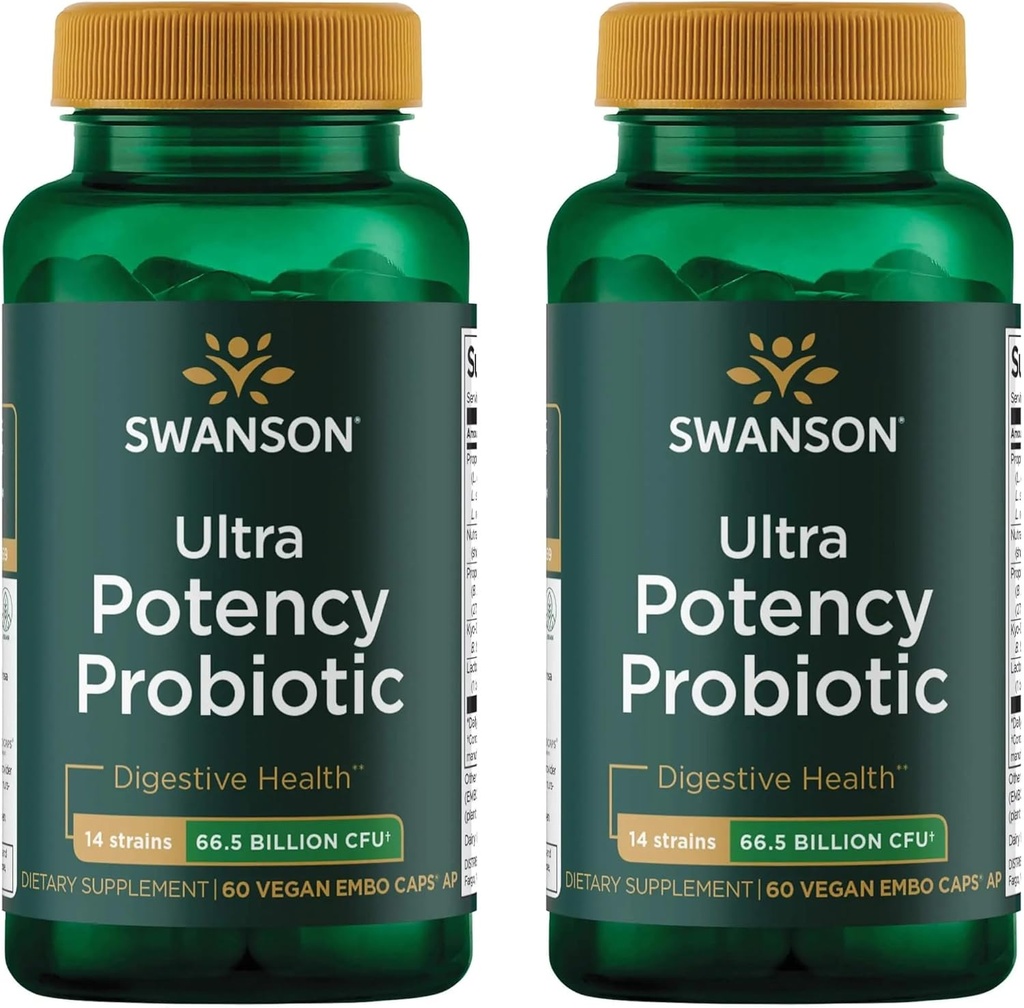 Swanson Ultra Potency Probiotic Digestive Health Immune System Support 66 Million CFU Prébiotique NutraFlora scFOS 60 DRcaps Capsules Veggie (Caps) (2 Pack)