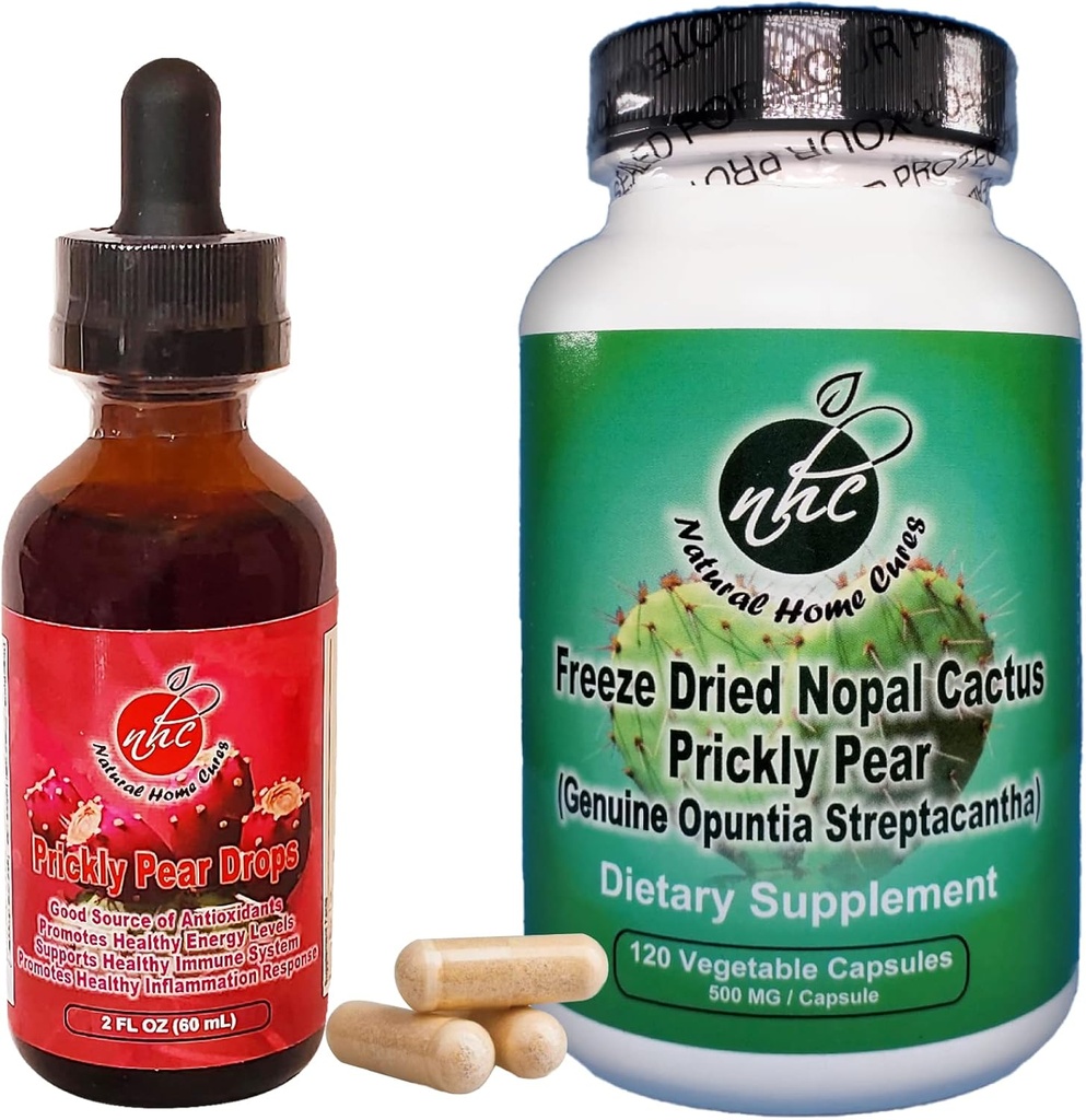 Prickly Pear Nopal Cactus Supplément Combo Pack - Geler l'extrait de fruit de cactus séché - 120 capsules végétales et 2oz gouttes liquides - végétalien, riche en bétalains, et biodisponible