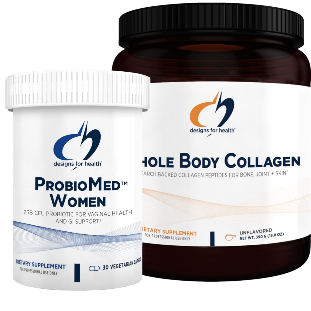 Designs for Health Collagen Powder & Women's Probiotic Bundle - ProbioMed Women (30 capsules) Gut Health & Vaginal Support Probiotic with Whole Body Collagen (390g) Peptides for Bones, Joint & Skin