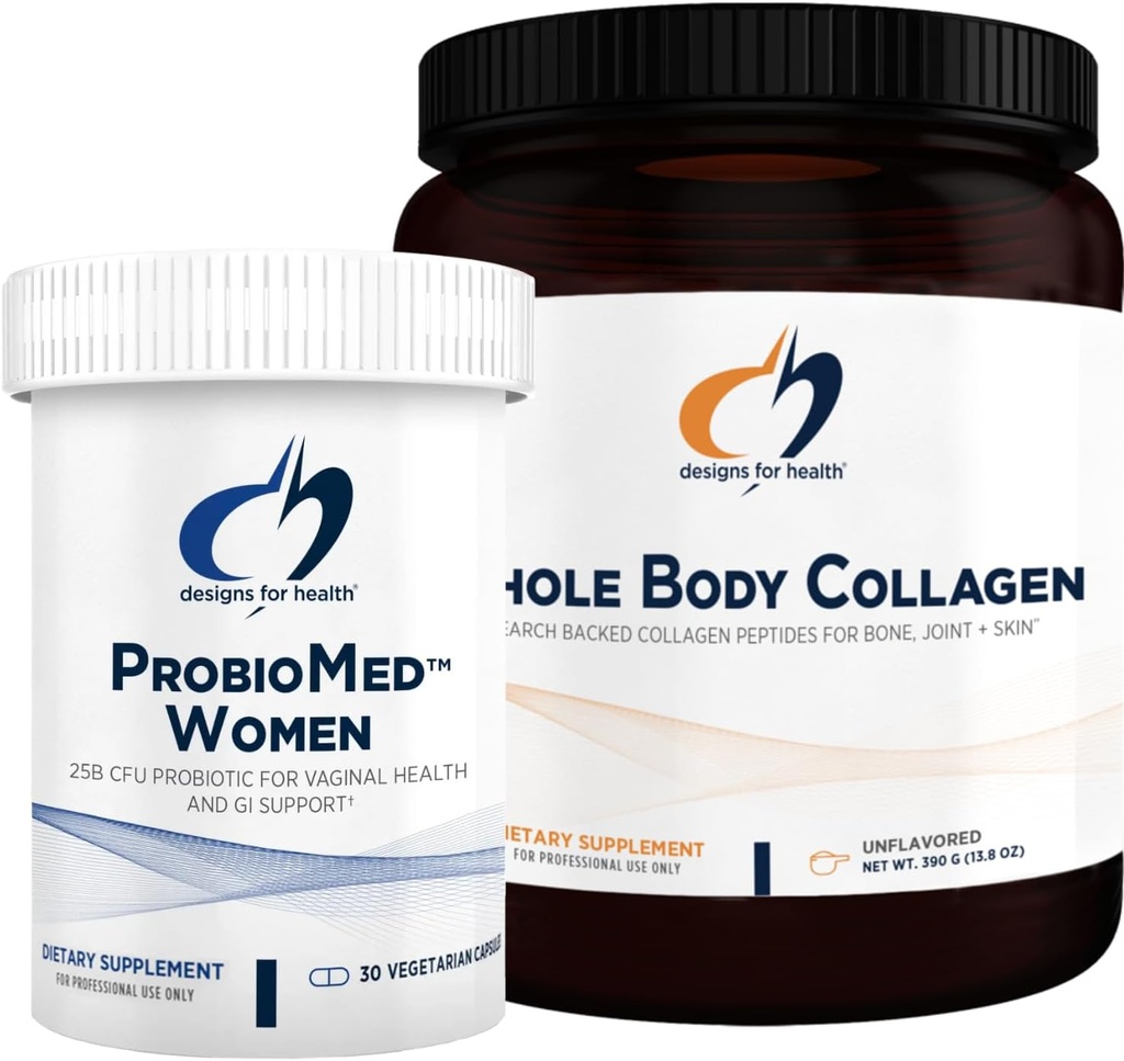 Designs for Health Collagen Powder & Women's Probiotic Bundle - ProbioMed Women (30 capsules) Gut Health & Vaginal Support Probiotic with Whole Body Collagen (390g) Peptides pour os, articulations et peau