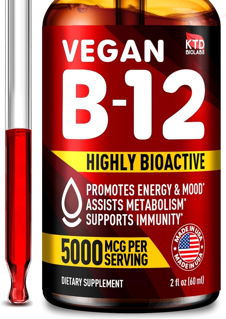 B12 Des gouttes sublinguales de 5000 μg - Fabriquées aux États-Unis - Vitamines Vegan B12 pour l'énergie, l'humeur et la mémoire - Des gouttes sublinguales hautement biodisponibles - Méthylcobalamine pour les femmes et les hommes - 2 fl. oz.