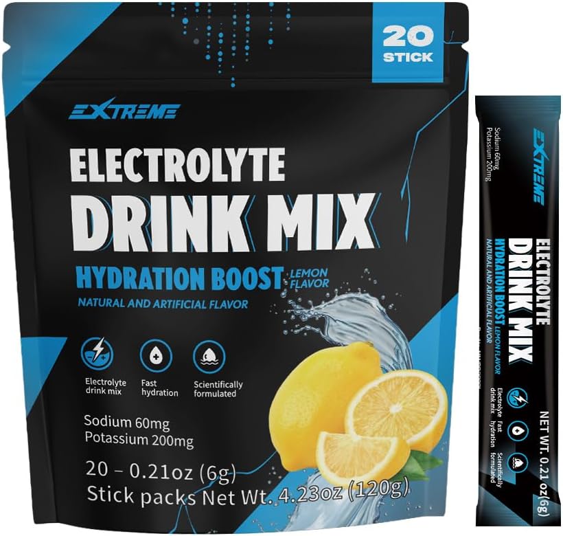 Extreme Electrolyte Drink Mix with Sodium 60mg, Potassium 200mg, Taurine - Hydration Powder, Zero Sugar, Zero Caffeine, Non GMO, Zero Gluten, Low Calorie, Lemon Flavor (20 Packets, 20 Days Supply)