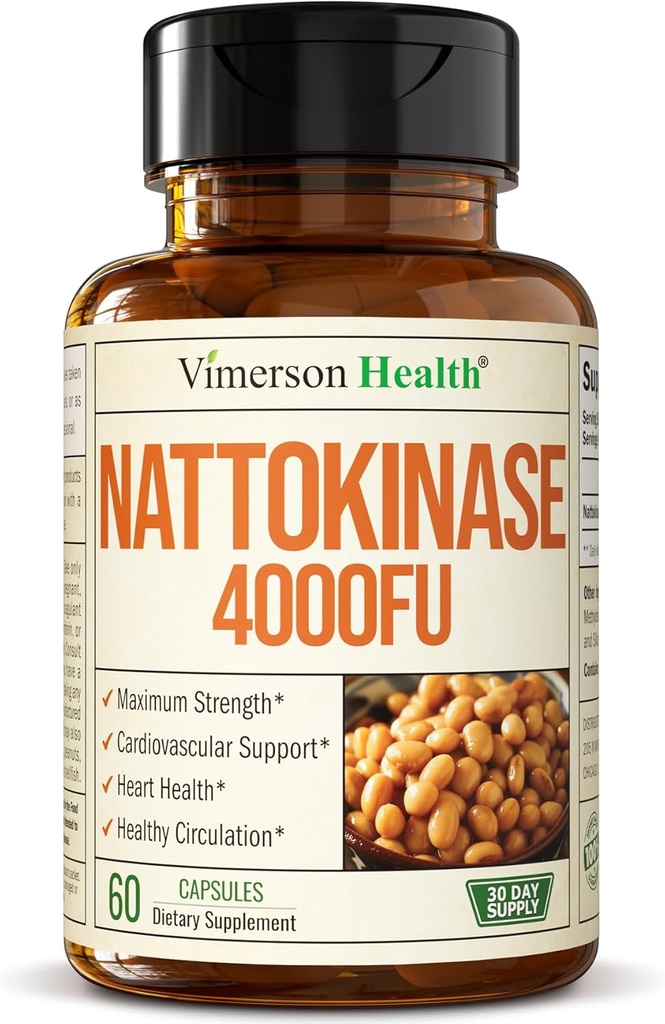 Supplément Nattokinase - Suppléments de santé cardiaque avec Nattokinase 4000 FU - Suppléments de Circulation Max Force - Enzymes systémiques pour une circulation saine et un flux fluide. Non OGM et végétalien. 60 gélules