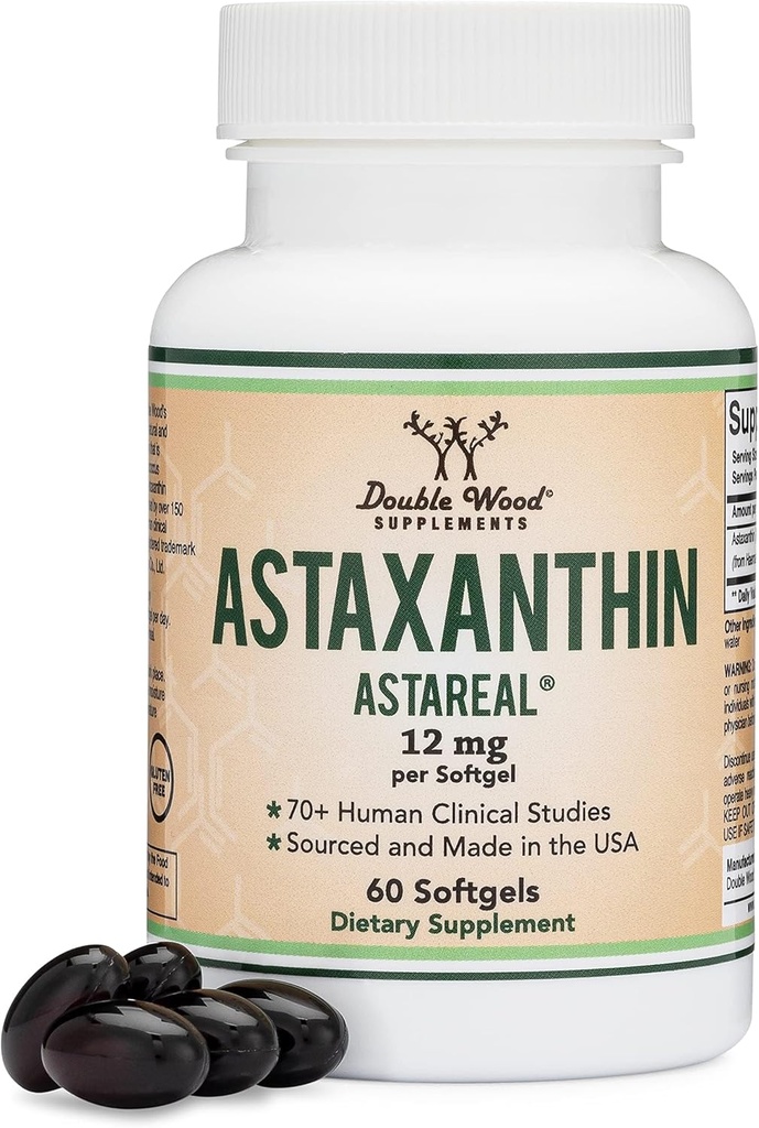Astaxanthine 12mg Max Strength (uniquement breveté Astaxanthine (Astrareal) avec 70+ essais cliniques humains - la marque la plus étudiée au monde)