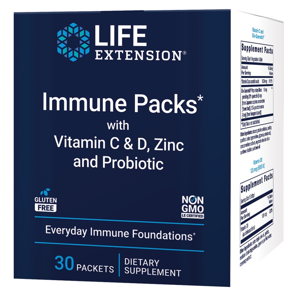 Extension de la durée de vie - Emballages immunologiques avec vitamine C & D, zinc et probiotique (30 emballages)