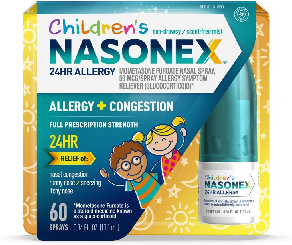 Nasonex Spray anti-allergique pour enfants 24HR, anti-ruisseux, anti-fuite, symptômes d'allergie + congestion nasale, dose maximale, 60 sprays
