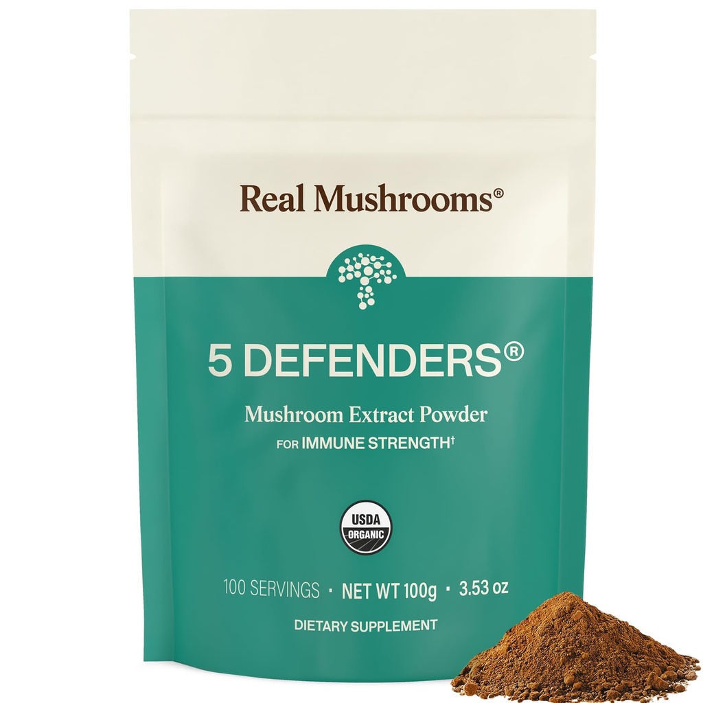 Real Mushrooms 5 Defenders Mushroom Complex Powder – Extrait de champignons biologiques de Chaga, Reishi, Turquie Tail, Maitake & Shiitake Mushroom Blend pour le bien-être avec Beta Glucans - 100 portions