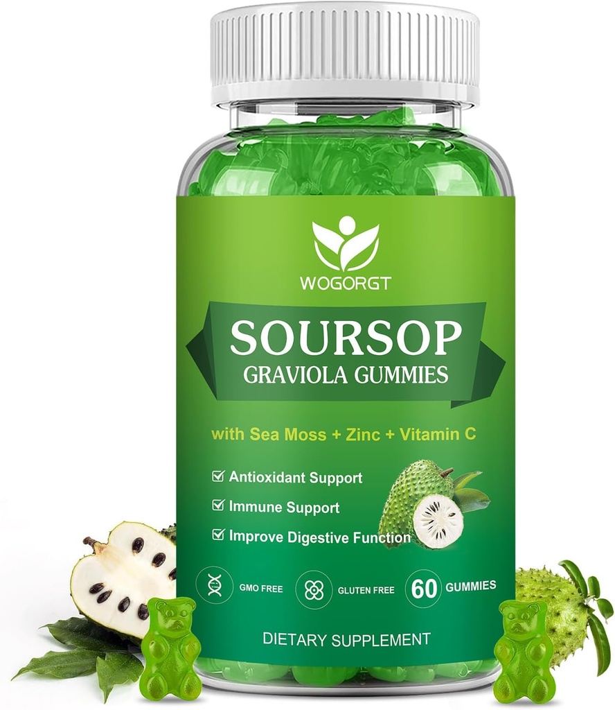 WOGORGT Soursop Graviola Gummies - Soursop Multivitamine Gummies avec 200mg Extrait de mousse de mer pour l'antioxydant, le soutien cellulaire et la régénération, le soutien immunitaire, végétalien, l'arôme de pomme - 60 Gummies
