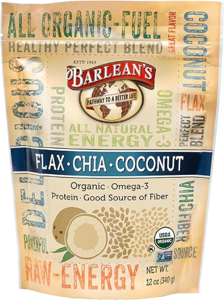 Barlean's Organic Flax Chia Coconut Seed Blend avec 2330 mg Omega 3 Acides gras, Supplément fibreux avec graines entières de chia et graines de lin moulu, 12 oz