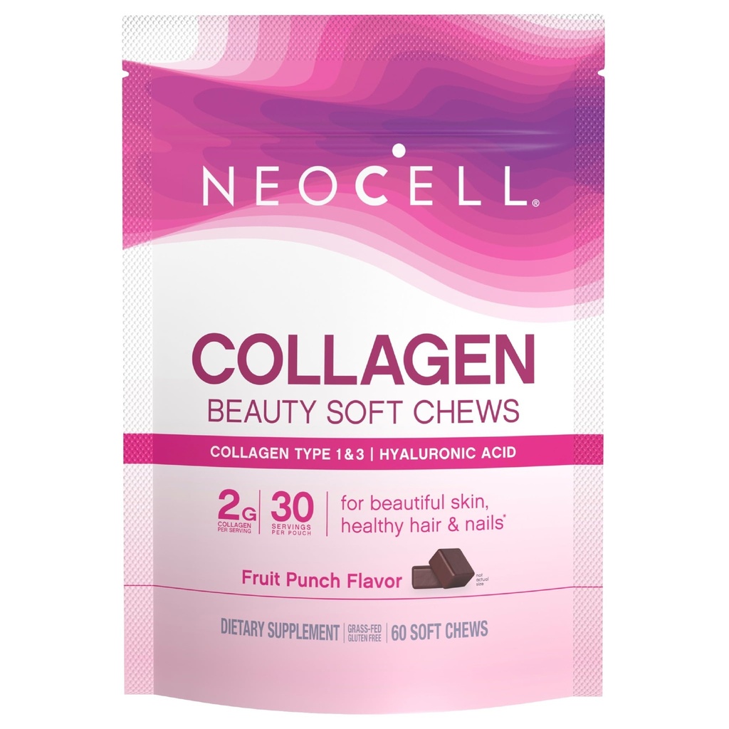 NeoCell Collagen Beauty Soft Chews avec de la vitamine C et de l'acide hyaluronique, pour la santé des cheveux, de la peau et des ongles, punch aux fruits, chews doux, 60 comte, 1 sac