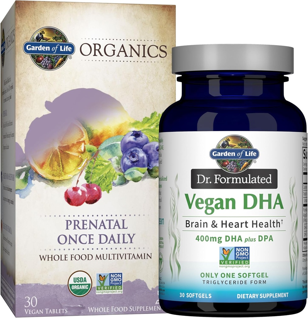 Jardin de vie Une fois par jour Végétalien DHA + Prénatal Multi Bundle: Dr Formulé Vegan DHA 30 Softgels + Organiques Prénatal Une fois par jour Multivitamines avec Folate pour les femmes, 30 Comprimés