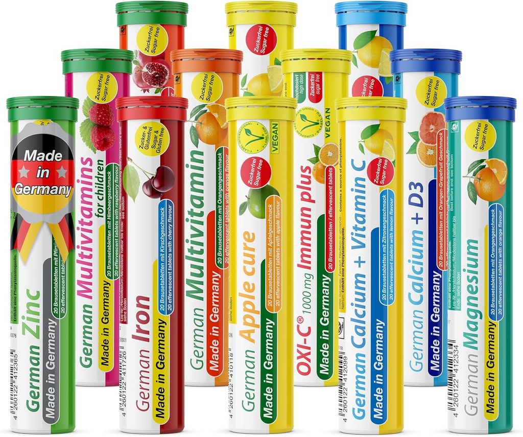 T & D allemand vitamine, minéraux - 240 Végétaux / Végétarien boisson comprimés effervescents - Fruits mélangés boîte parfum - Fabriqué en Allemagne