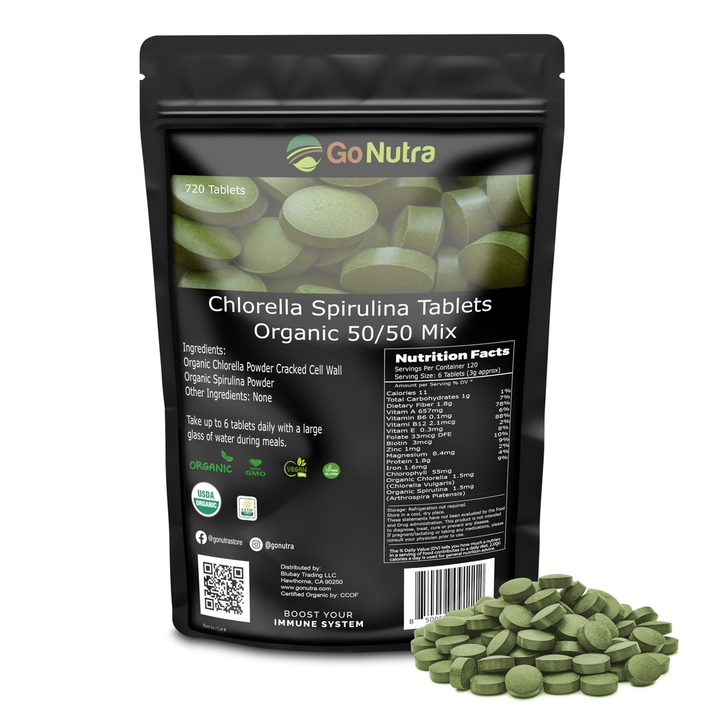 Go Nutra spiruline biologique Chlorella Comprimés 50/50 Mélange de spiruline nutritive - Protéine végétalienne, chlorophylle, enzymes 500mg Chaque Chlorella spiruline Comprimés, 720 Nombre, 4 mois d'approvisionnement