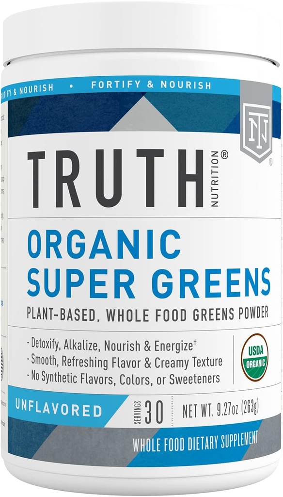 Truth Nutrition Poudre Super Greens - Poudre Superfood Verte Biologique pour stimuler l'énergie et l'immunité, Digestion saine pour les hommes et les femmes, supplément vert Smoothie Poudre Mix (non aromatisé)