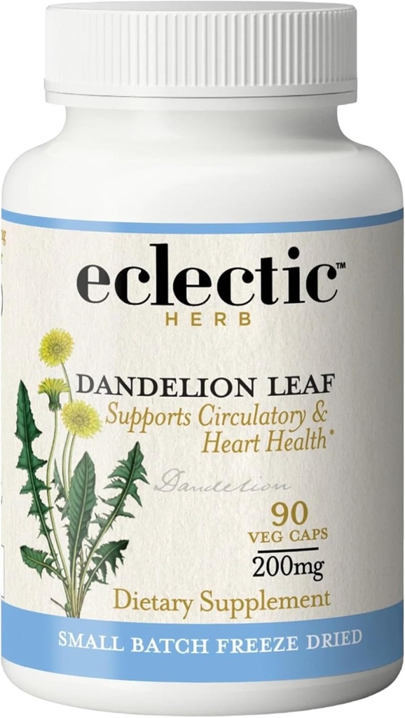 éclectique Institut Feuille de dandelion séchée au gel brut. Supplément biologique pour soutenir le nettoyage et la fonction digestive. 90 CT (200 mg)