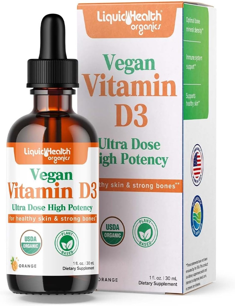 LIQUIDHEALTH Vitamine D3 4000 UI, USDA Vitamine D biologique gouttes liquides pour adultes et enfants, Vitamine D végétalienne pour le système immunitaire, santé des os, soutien de l'humeur, peau saine - Fabriqué aux États-Unis (2 oz)