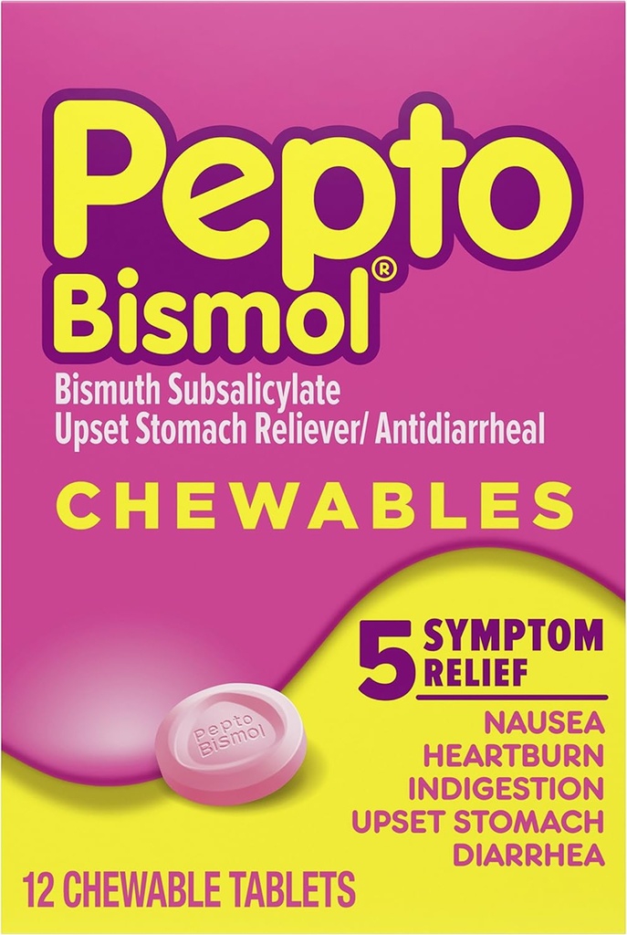 Comprimés à mâcher Pepto Bismol pour nausées, brûlures d'estomac, indigestion, estomac relevé et diarrhée - 5 symptômes de soulagement rapide, saveur originale 12 ct