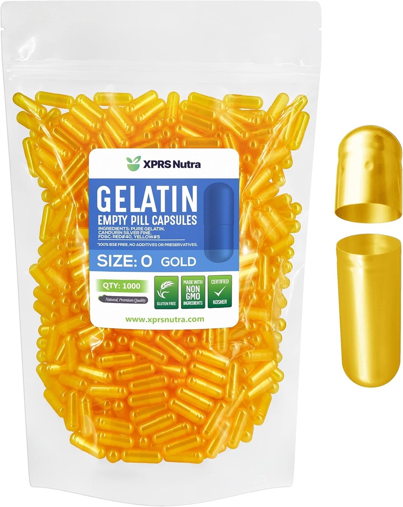 XPRS Nutra Taille 0 Capsules vides - 1000 Compte Capsules de gélatine vides - Pills Bricolage Capsule Remplissage - Pure Pilule Gel Caps pour Do-It-Youlf Suppléments (Or)
