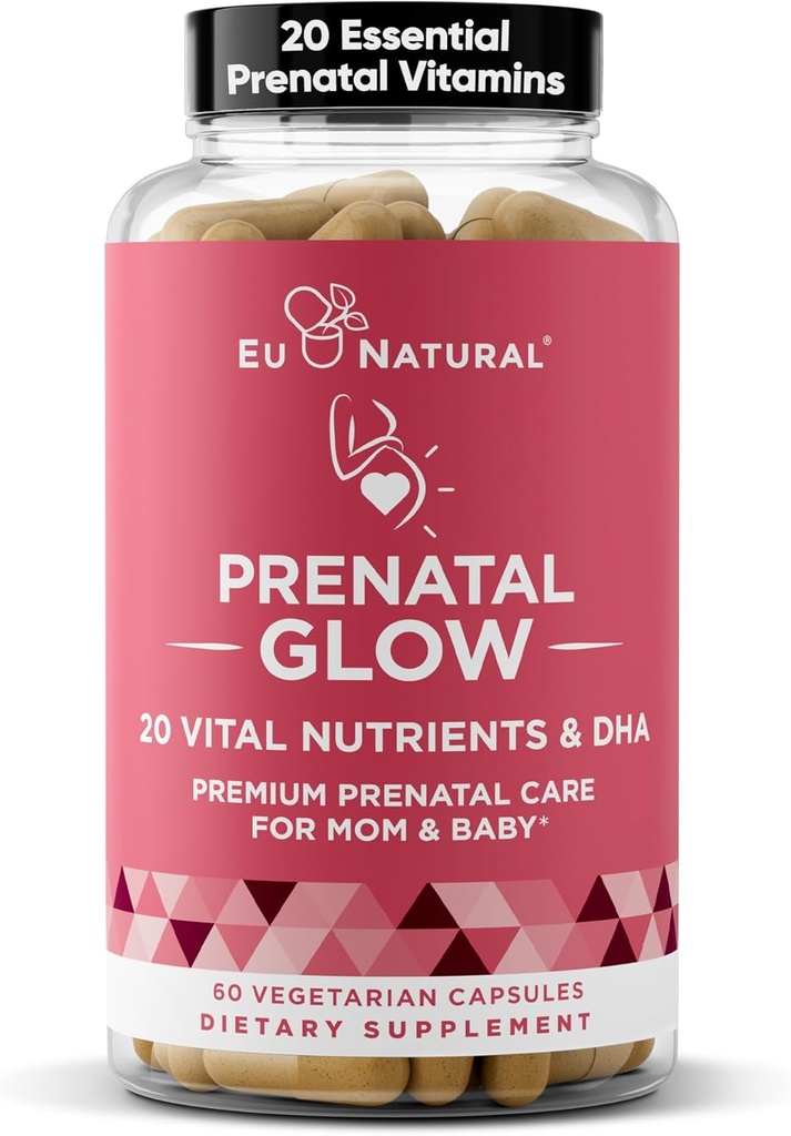 Glow Vitamines prénatales pour les femmes – Nutriments vitaux de 20 sur 1 pour une grossesse en santé et un développement foetal – Acide folique et DHA végétalien pour la croissance du bébé et une grossesse confortable – 60 capsules nourissantes