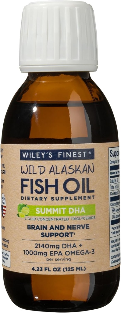 Wiley's Finest Wild Alaskan Fish Oil Summit DHA Liquid - 2140mg de DHA et 460mg de EPA Omega-3 - Supplément liquide aromatisé aux agrumes - 4.23 Oz (25 portions)