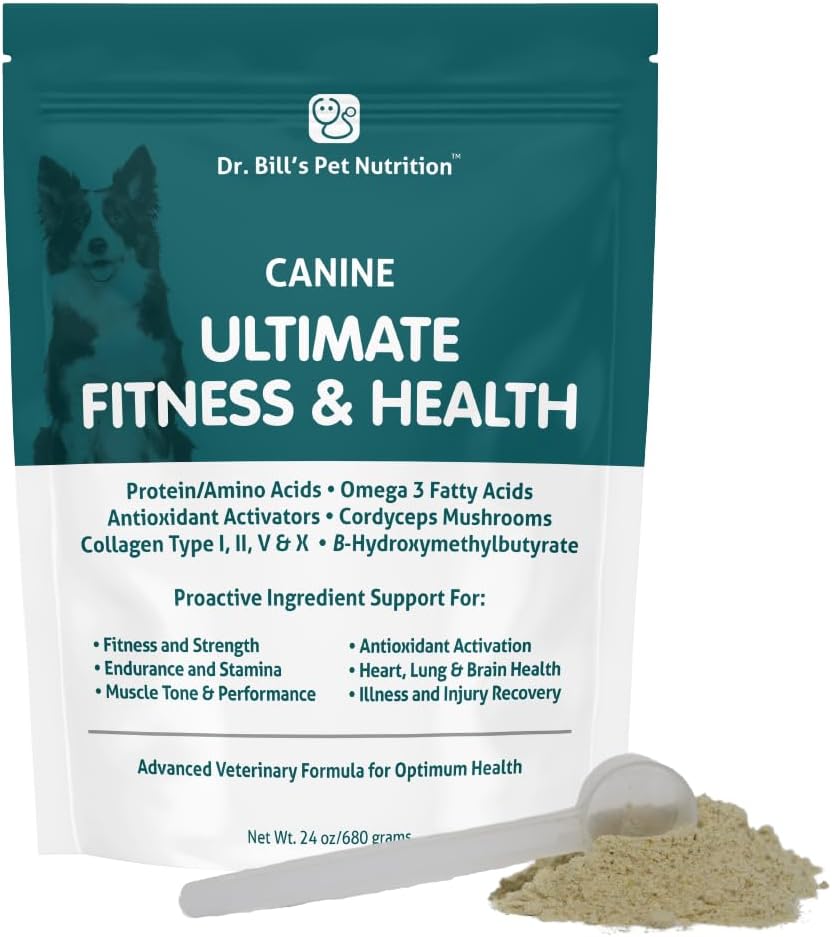 Le Dr Bills Canine Ultimate Fitness & Health Vitamines pour chiens Multivitamines pour chiens avec/Coenzyme Q-10, vitamine E, vitamine D-3, biotine, acide folique, acide hyaluronique Vitamines pour chiens et suppléments 680g