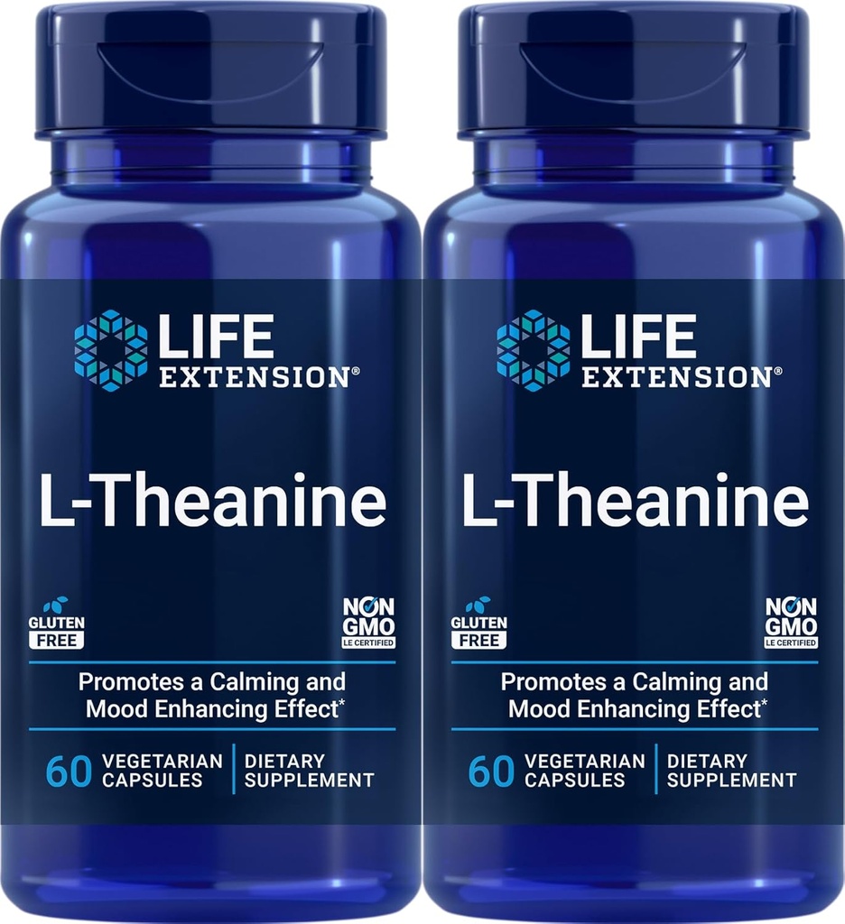 Life Extension L-Theanine, 60 capsules végétariennes (paquet de 2) - Acid Amino dérivé du thé - Sans gluten, sans OGM