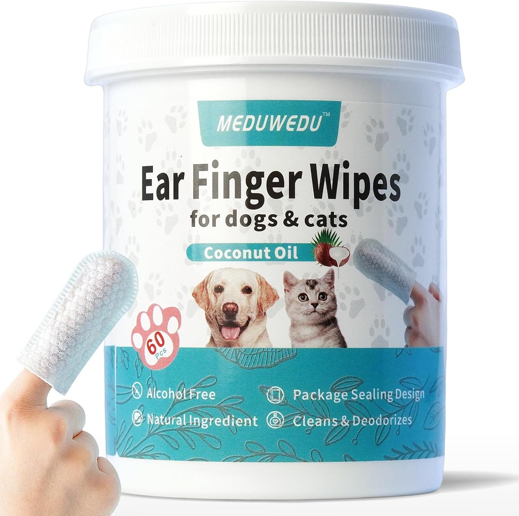 Wipes de doigt nettoyant d'oreille 60 comtes, nettoyant d'oreille de chien, kit de toilettage pour chiens et chats, tampons de nettoyage otiques doux et faciles, enlever la cire, la dirt et l'arrêt Smelly, démangeaison, non irritant, parfum de noix de coco