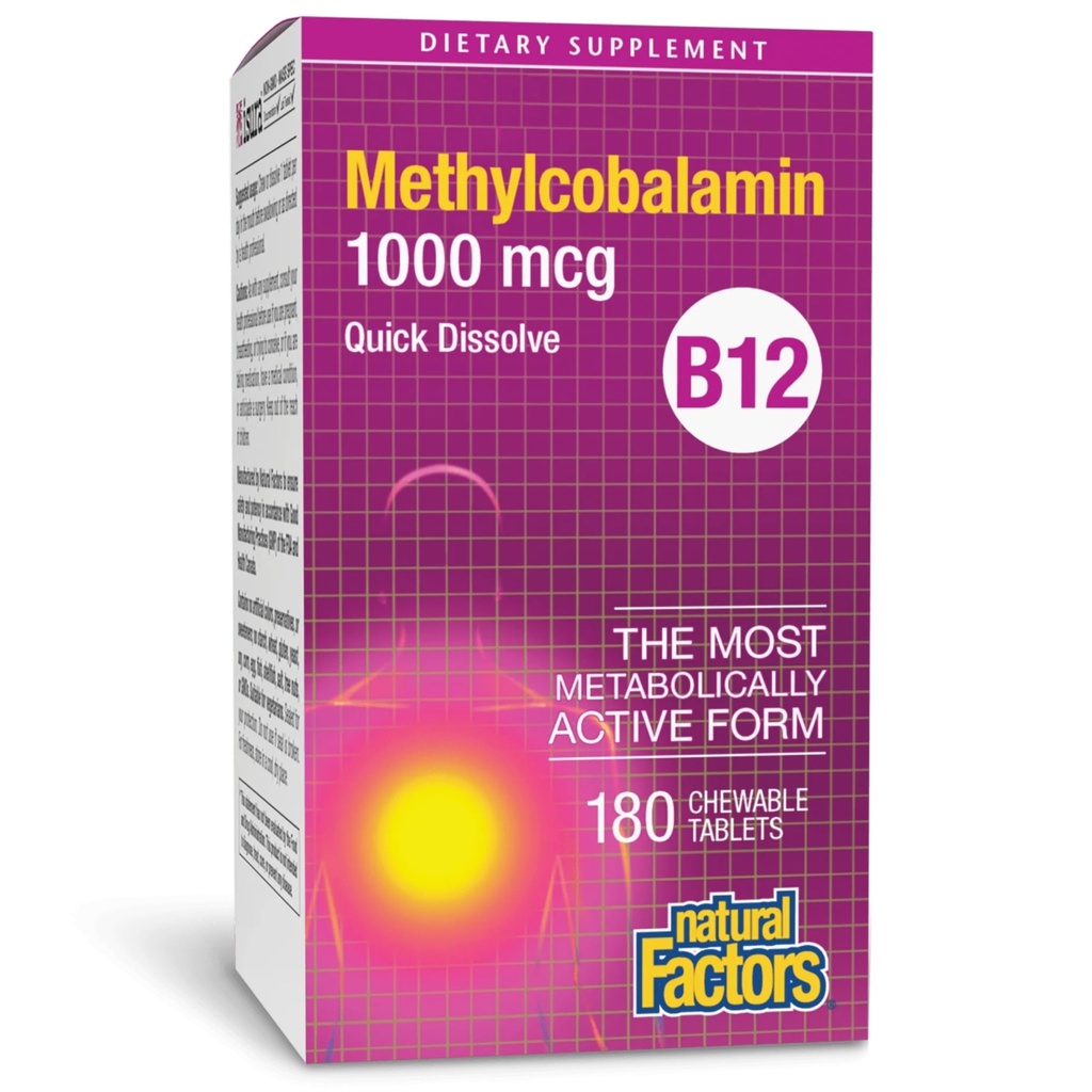 Facteurs naturels, vitamine B12 méthylcobalamine 1000 mcg, offre la forme la plus métaboliquement active de B12, comprimés à dissolution rapide