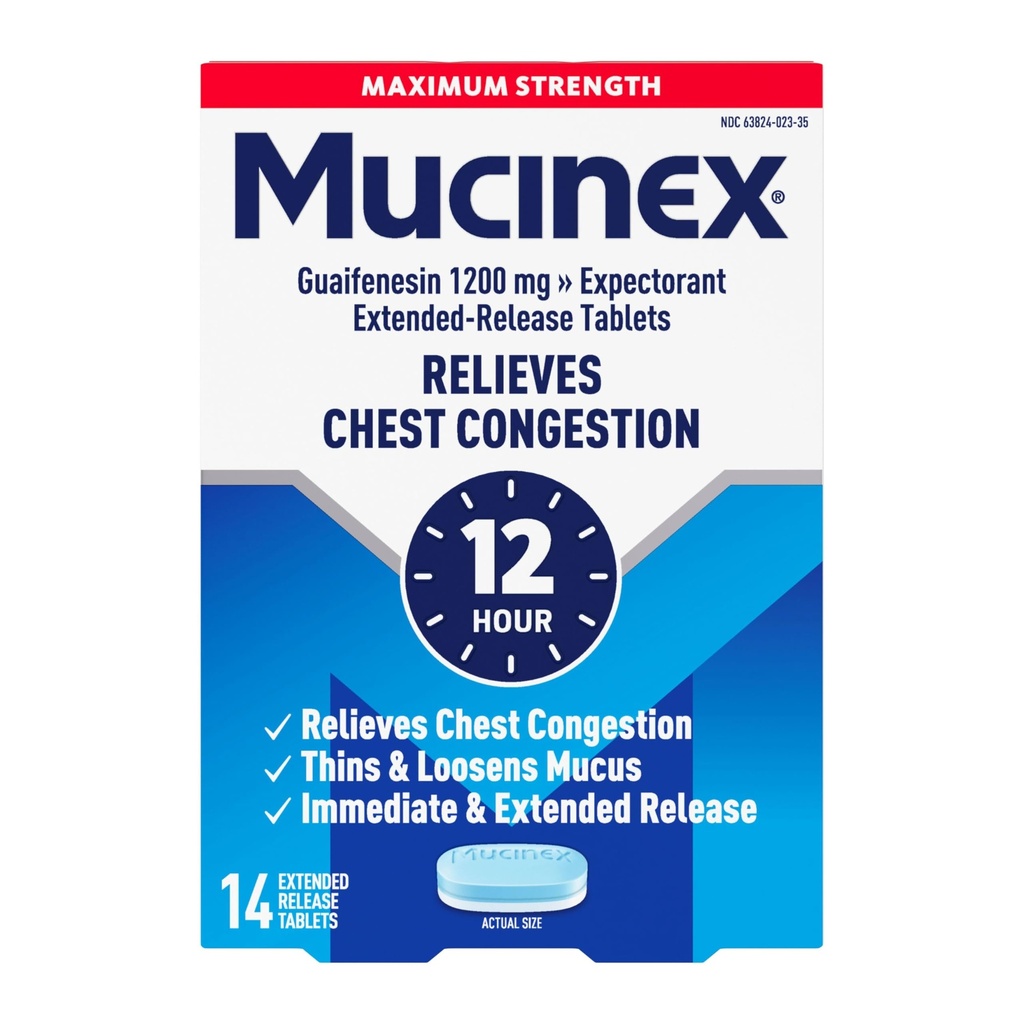 Mucinex Congestion thoracique, concentration maximale de 12 heures Comprimés à libération prolongée, 14ct, 1200 mg Guaifenesine avec soulagement prolongé de la congestion thoracique causée par l'excès de mucus, de minces et de lâches Mucus