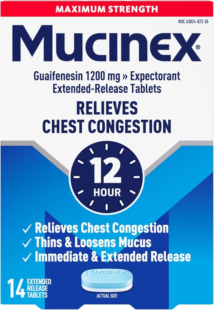 Mucinex Congestion thoracique, concentration maximale de 12 heures Comprimés à libération prolongée, 14ct, 1200 mg Guaifenesine avec soulagement prolongé de la congestion thoracique causée par l'excès de mucus, de minces et de lâches Mucus