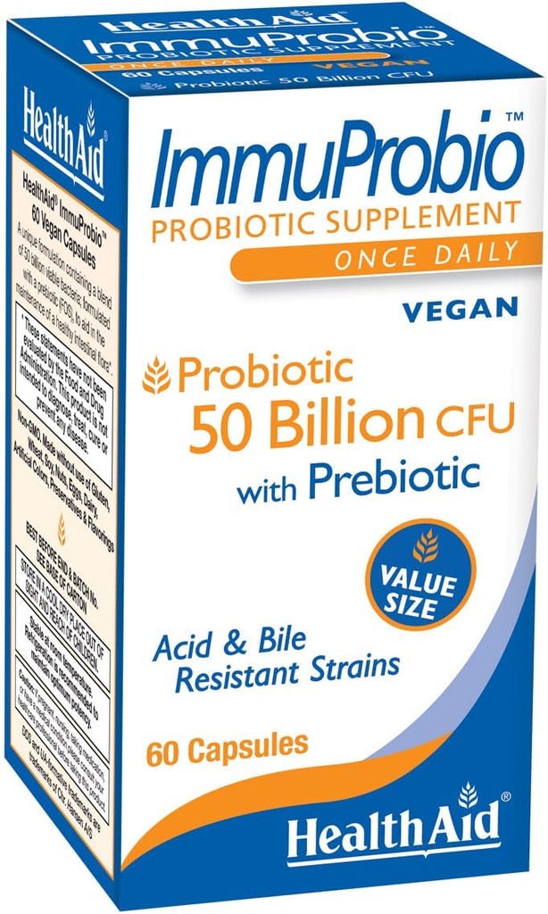 HealthAid ImmuProbio 60 capsules - 50 milliards d'UFC avec des souches prébiotiques, une fois par jour, résistantes à l'acide et à la bile, végane