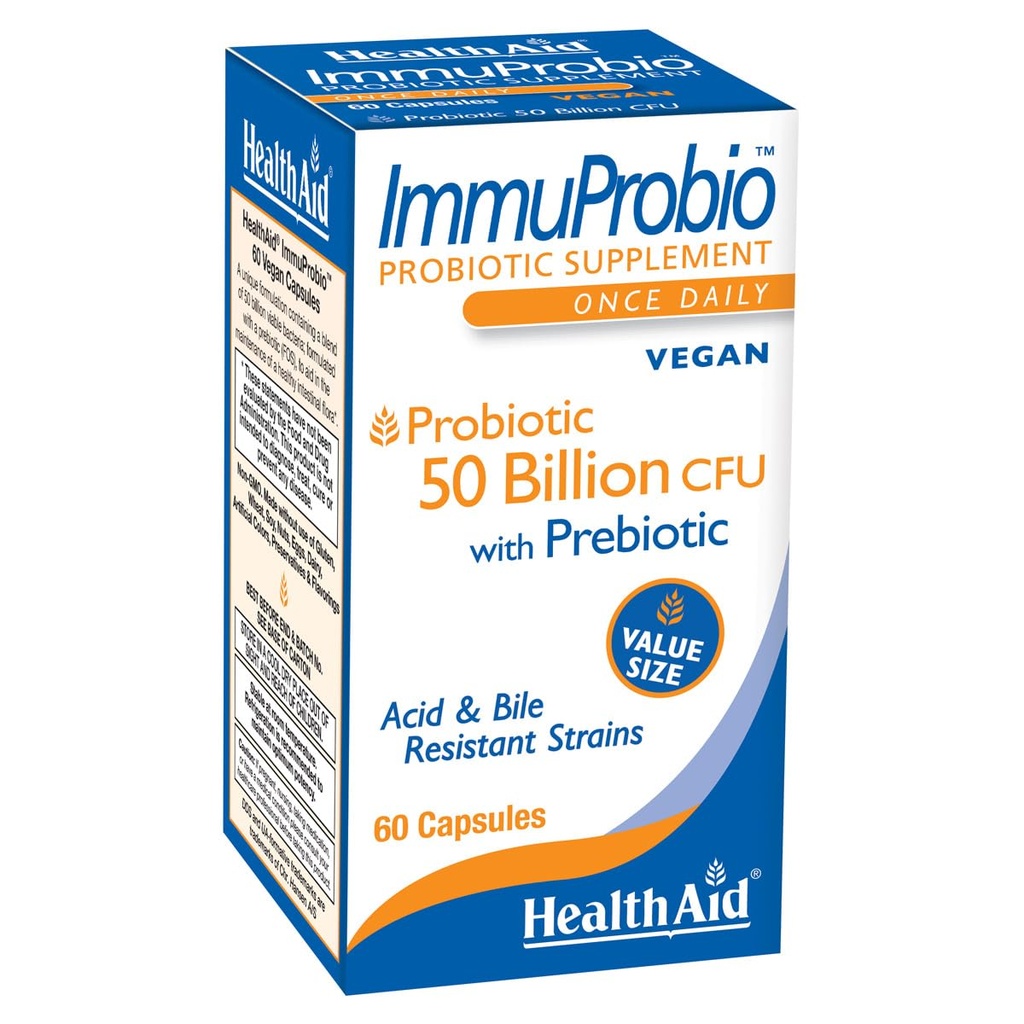 HealthAid ImmuProbio 60 capsules - 50 milliards d'UFC avec des souches prébiotiques, une fois par jour, résistantes à l'acide et à la bile, végane