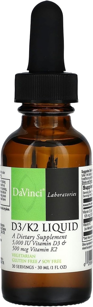 DAVINCI Labs D3/K2 Liquide - Supplément Vitamine liquide D & Vitamine K pour la santé osseuse, le soutien cardiaque et l'absorption de calcium - 30mL (30 portions)