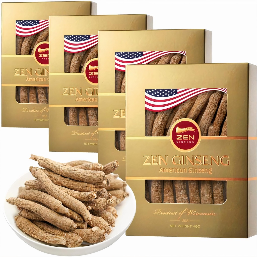 4 Boîtes de Ginseng Wisconsin américain - Petite racine longue - Qualité Premium Panax Ginseng. Boosts Body Immunity, Energy for Men & Women (16oz)
