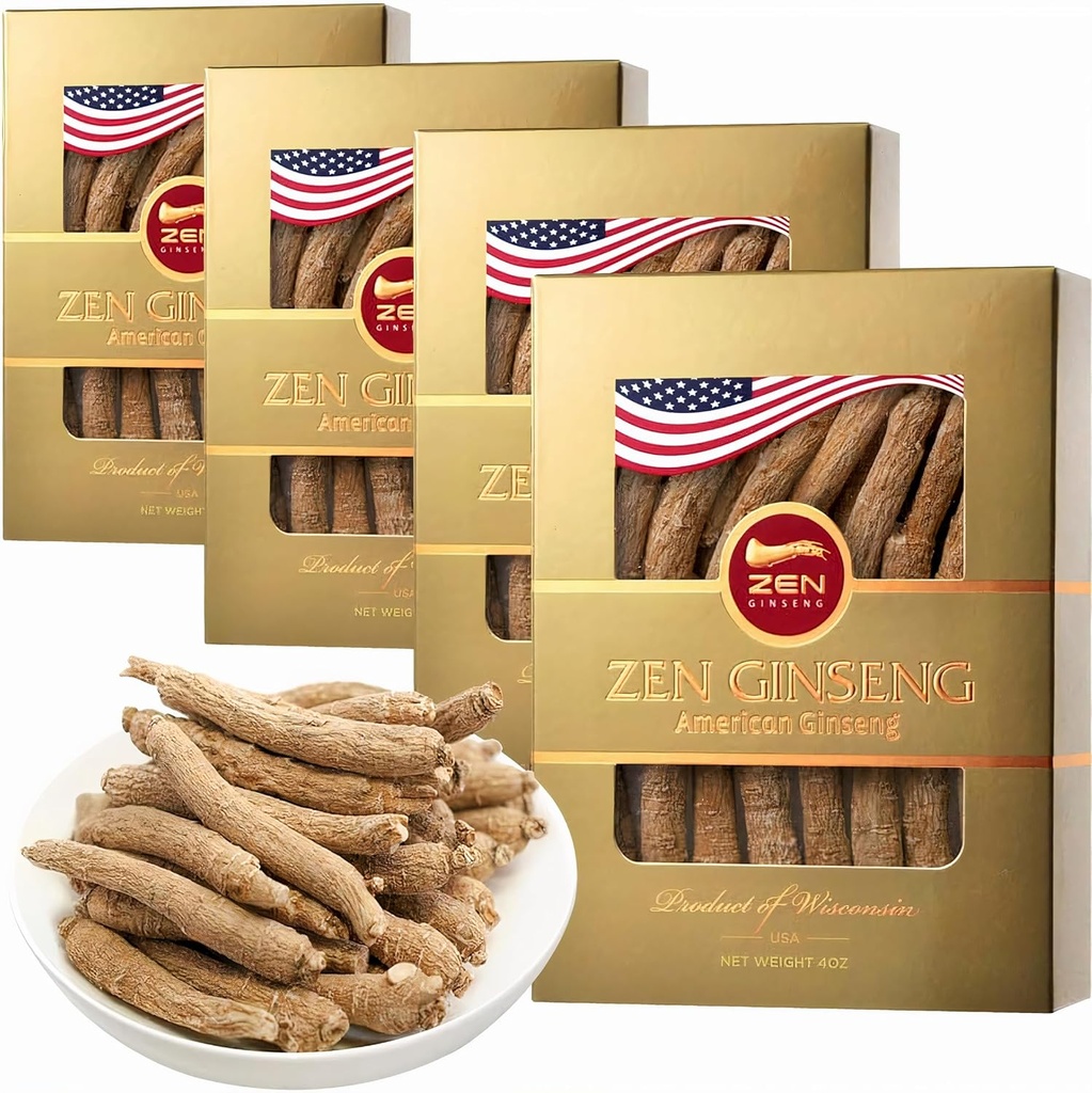 4 Boîtes de Ginseng Wisconsin américain - Petite racine longue - Qualité Premium Panax Ginseng. Boosts Body Immunity, Energy for Men & Women (16oz)