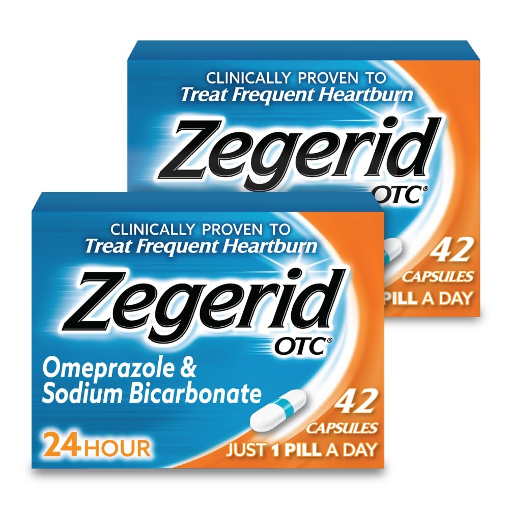 Zegerid OTC, 24 heures sur 24 sur le soulagement des brûlures d'estomac, la médecine du reflux acide et l'antiacide, traite les brûlures d'estomac fréquentes, l'oméprazole 20mg + bicarbonate de sodium, inhibiteur de la pompe à protons (IPP), deux cartons 42ct