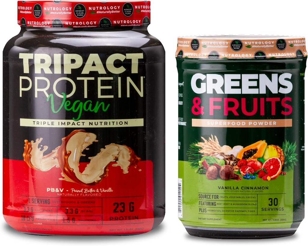 Nutrologie Greens & Fruits Poudre naturelle Superfood, Vanilla Cinnamon (30 portions) TRIPACT Poudre de protéines végétales, Vanille de beurre d'arachide (20 portions)