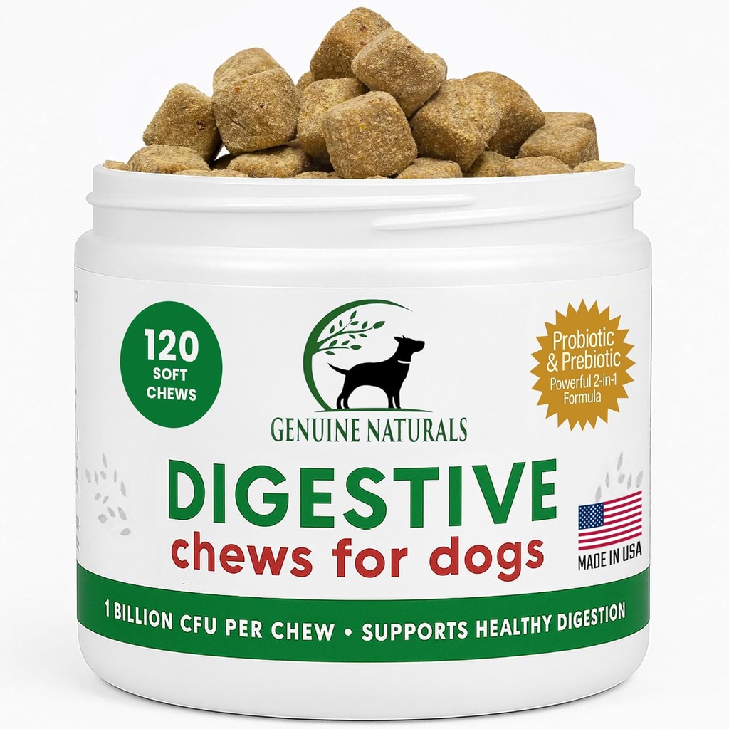 Supplément digestif pour les chiens - Probiotiques recommandés Chew by FurParents - Améliore la santé digestive et gustative, aide avec la diarrhée, l'estomac relevé, la mauvaise respiration et la constipation, 120 Compte