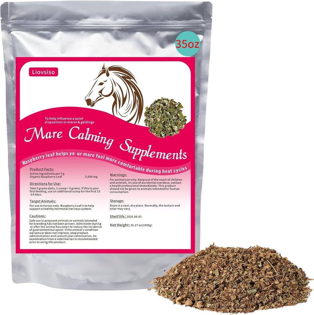 Supplément calmant de cheval Feuille de framboise naturelle 35 OZ- soulage l'anxiété, l'irritabilité, et le malaise en Mares pendant les cycles de chaleur - Aussi magique adapté aux gels