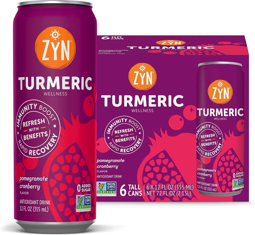 ZYN Turmeric Wellness Drink (6 Pack), grenade Cranberry parfumée curcumine curcumine boisson avec poivre noir, pas de sucre ajouté, faible teneur en glucides et faible teneur en calories boisson, alternative propre