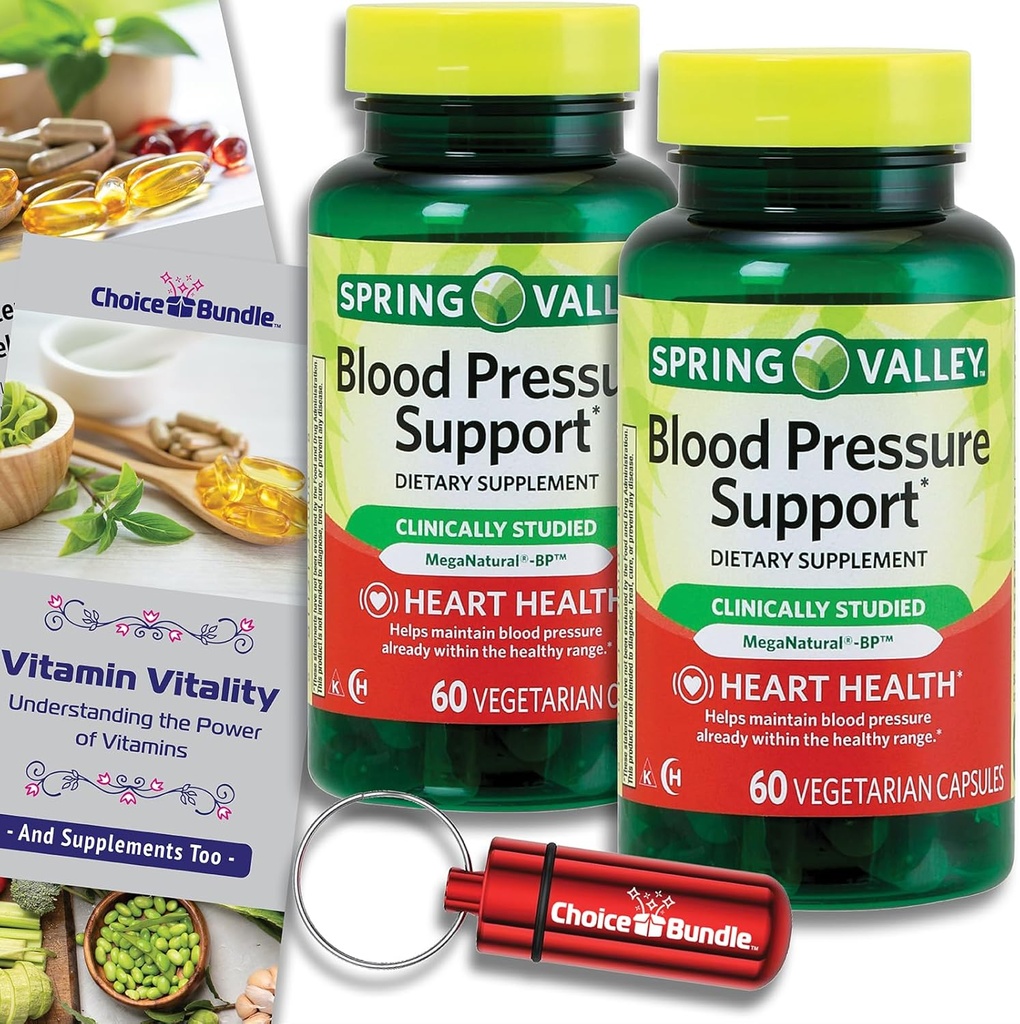 Choice Bundle Spring Valley Blood Pressure Support Capsules végétariennes 60 Ct 2 pk (120 Total) + Vitamine Guide & Pill Container (4 items)!