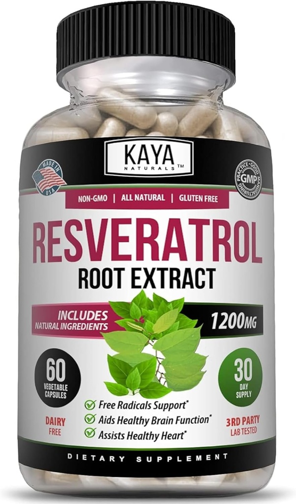 Kaya Naturals - Capsules de resvératrol - Supplément anti-vieillissement - Antioxydants avec soutien cérébral - Avantages maximaux - 60 gélules