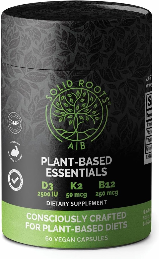 ROOTS SOLIDES Vitamine végétalienne D3 + K2 +B12 pour les os, le cœur, la peau, les dents