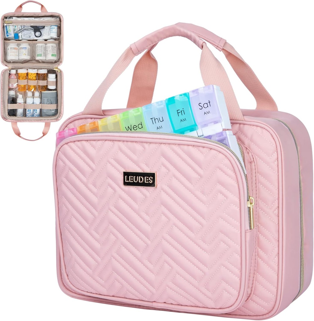 Leus Travel Pill Organizer,Médecin Organisateur et stockage,Sac de médicaments à domicile,Cas,Carrier pour pilules,Vitamine,Huile de poisson,Supplements pour les femmes et les hommes (Grand, Rose)