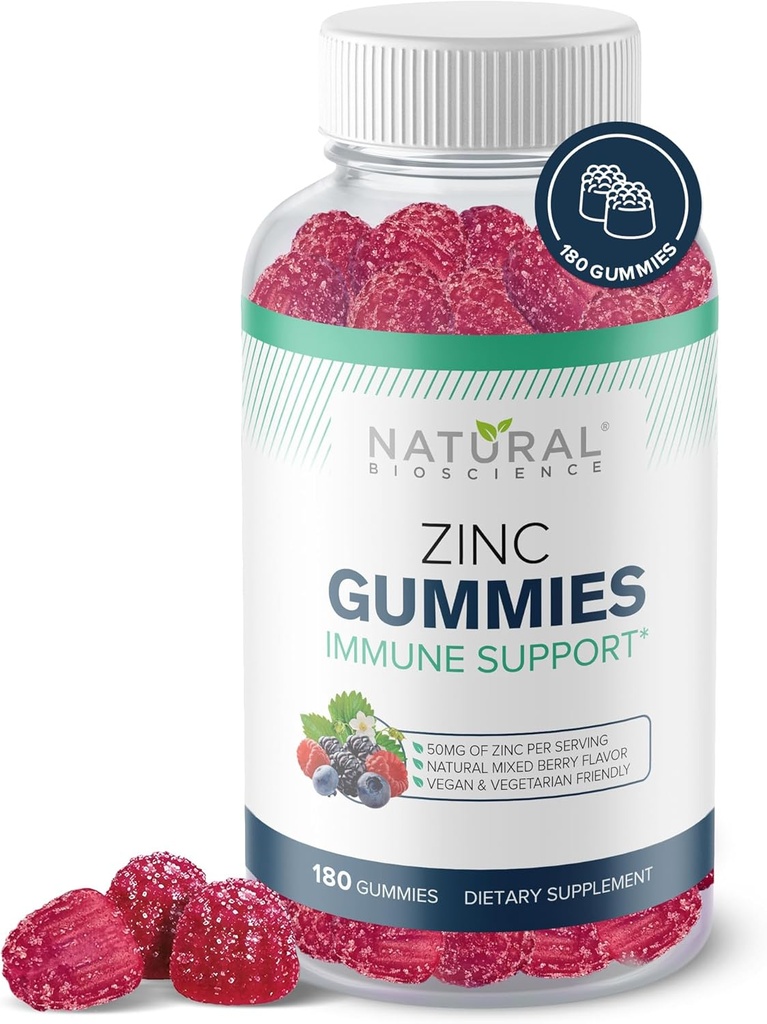 Gommies de zinc 50mg - Soutien immunitaire à haute puissance, santé de la peau, antioxydant, supplément d'immunité quotidienne pour les adultes, végétalien, sans gluten, non-OGM, gommes à citrate de zinc à croquer, 180 Gommies