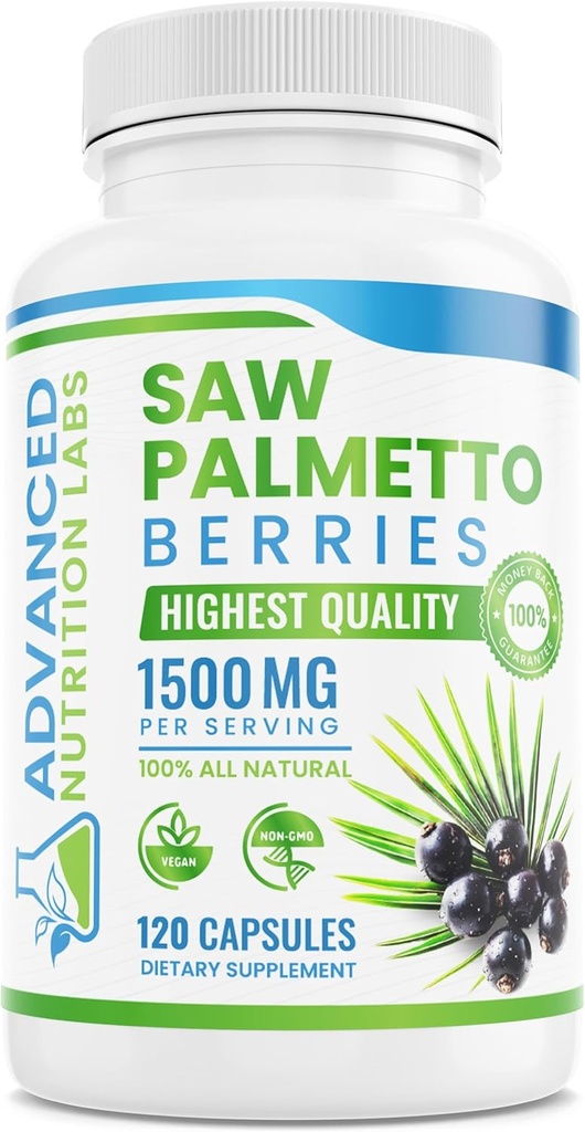 Saw Palmetto Berries & Extract - Supplément de Saw Palmetto de 1500 mg pour les hommes et les femmes - DHT Blocker pour la croissance des cheveux, le soutien de la prostate et la santé urinaire - 120 capsules végétaliennes