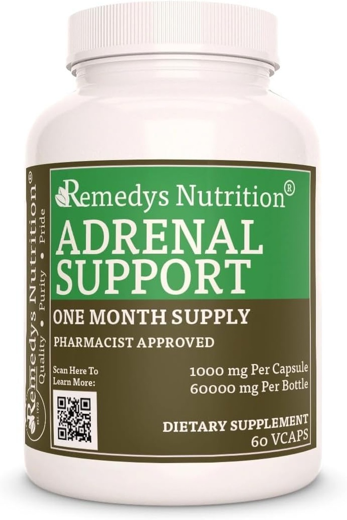Remèdes Nutrition Soutien adrénal , 1000 mg, 60 Capsules végétaliennes Complément alimentaire à base de plantes