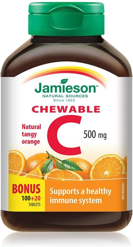 Jamieson Vitamine C à croquer 500 mg - Tangy Orange, 120 onglets Bonus