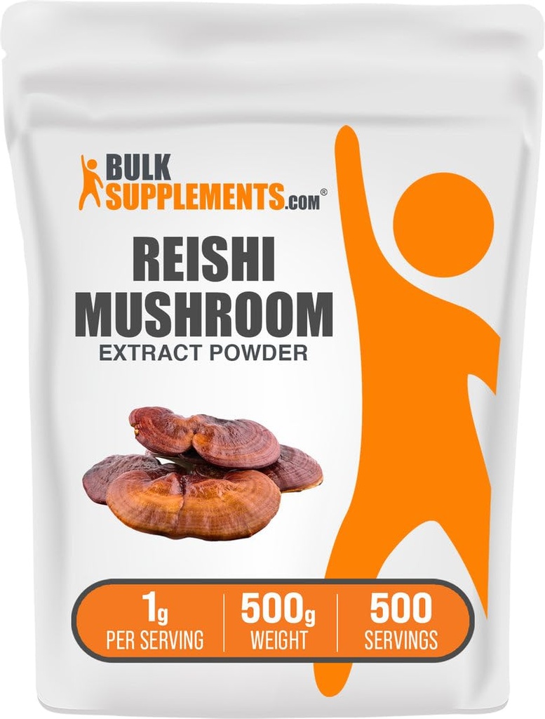 BulkSupplements.com Reishi Poudre d'extrait de champignons - Reishi Poudre de champignons, Supplément pour le bien-être général - Sans gluten, 1g par portion, 500g (1,1 lb) (paquet de 1)